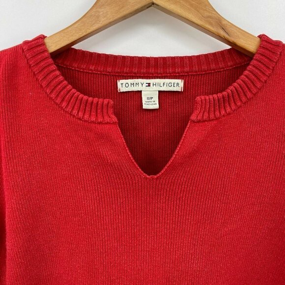 Tommy Hilfiger Vintage Y2K Red Knit Flag Sleeve Slim Fit Split Neck Sweater - Picture 3 of 7
